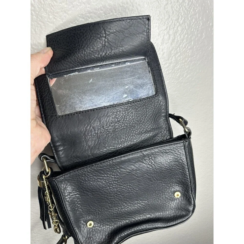 Juicy Couture Crossbody Bag Womens Small Black Faux Leather Tassel Mirror Charm